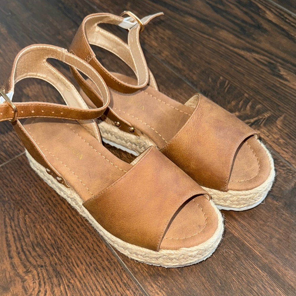 Brown Sandals with Jute Sole and Ankle Strap